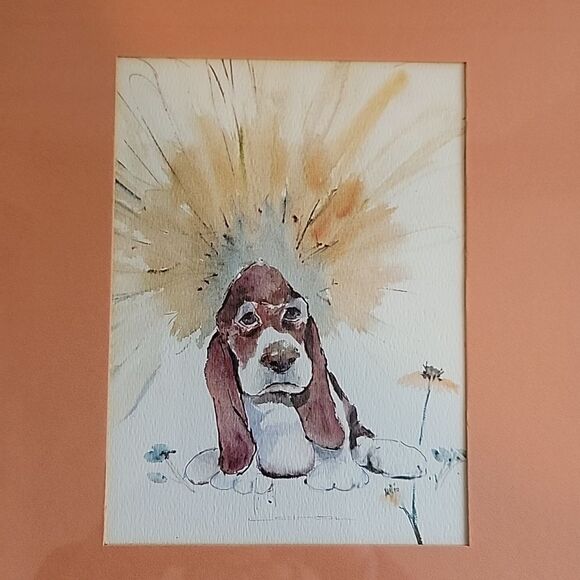Bassett hound original watercolor by Carol Portrait size framed 11X14.5 - Picture 2 of 8
